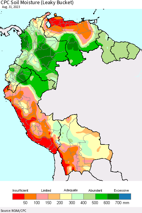 Northern South America CPC Soil Moisture (Leaky Bucket) Thematic Map For 8/26/2023 - 8/31/2023