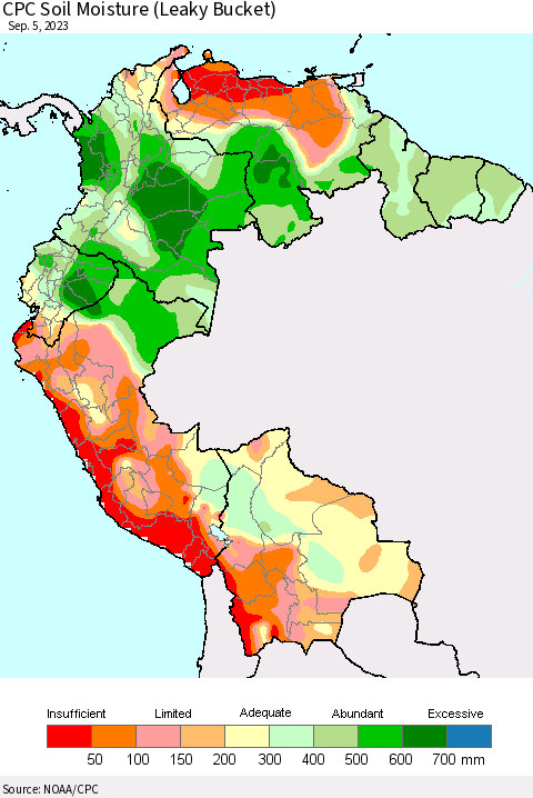 Northern South America CPC Soil Moisture (Leaky Bucket) Thematic Map For 9/1/2023 - 9/5/2023