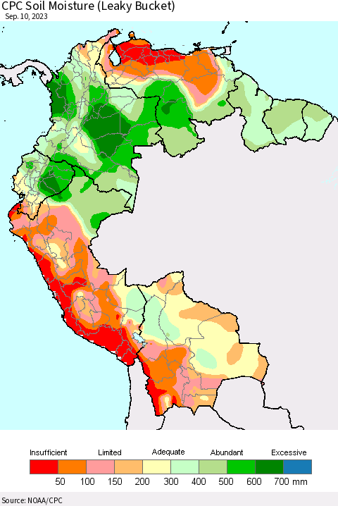 Northern South America CPC Soil Moisture (Leaky Bucket) Thematic Map For 9/6/2023 - 9/10/2023