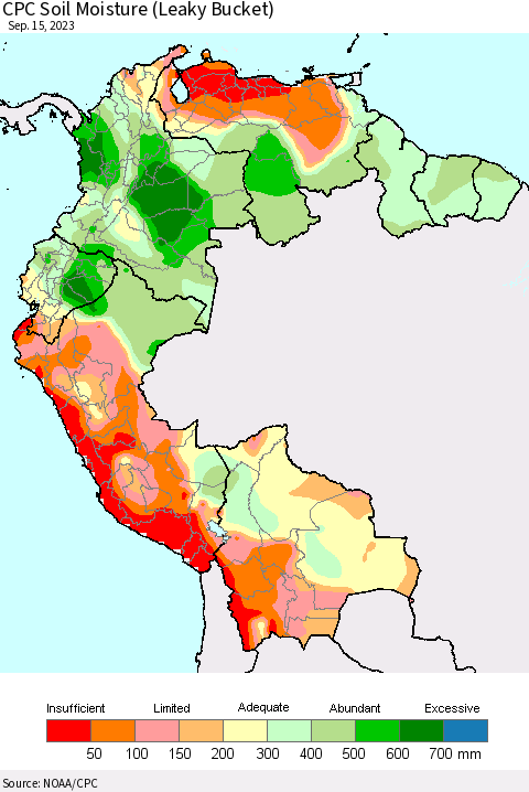 Northern South America CPC Soil Moisture (Leaky Bucket) Thematic Map For 9/11/2023 - 9/15/2023