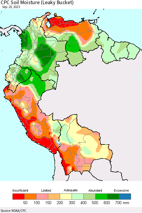 Northern South America CPC Soil Moisture (Leaky Bucket) Thematic Map For 9/16/2023 - 9/20/2023
