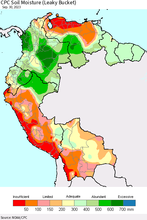 Northern South America CPC Soil Moisture (Leaky Bucket) Thematic Map For 9/26/2023 - 9/30/2023