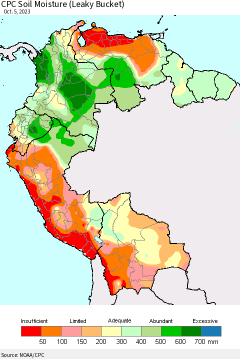 Northern South America CPC Soil Moisture (Leaky Bucket) Thematic Map For 10/1/2023 - 10/5/2023