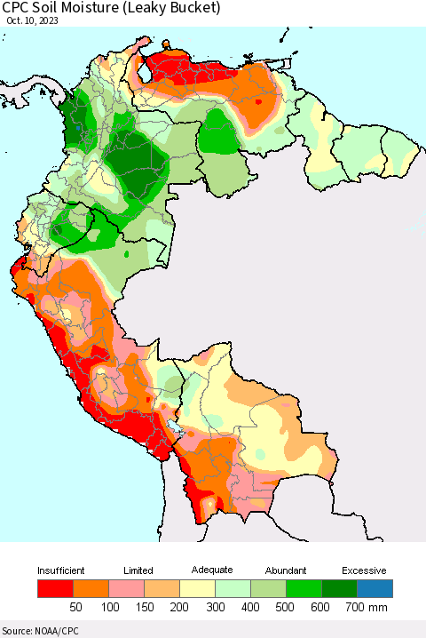 Northern South America CPC Soil Moisture (Leaky Bucket) Thematic Map For 10/6/2023 - 10/10/2023