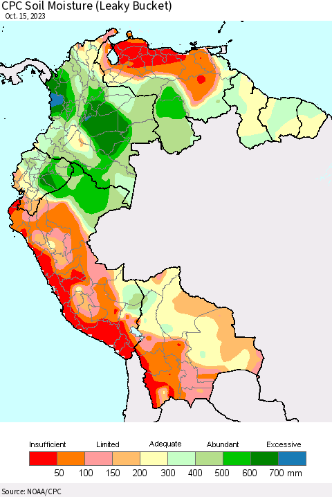 Northern South America CPC Soil Moisture (Leaky Bucket) Thematic Map For 10/11/2023 - 10/15/2023