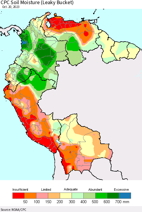 Northern South America CPC Soil Moisture (Leaky Bucket) Thematic Map For 10/16/2023 - 10/20/2023