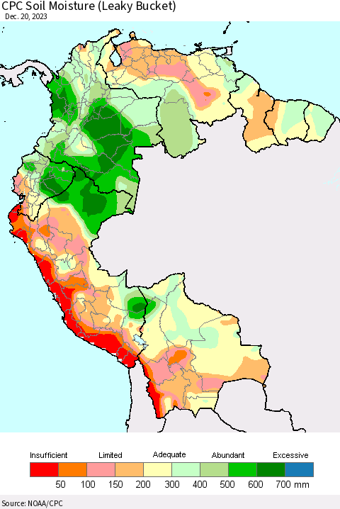 Northern South America CPC Soil Moisture (Leaky Bucket) Thematic Map For 12/16/2023 - 12/20/2023