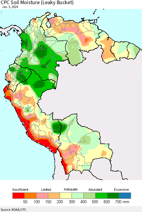 Northern South America CPC Soil Moisture (Leaky Bucket) Thematic Map For 1/1/2024 - 1/5/2024