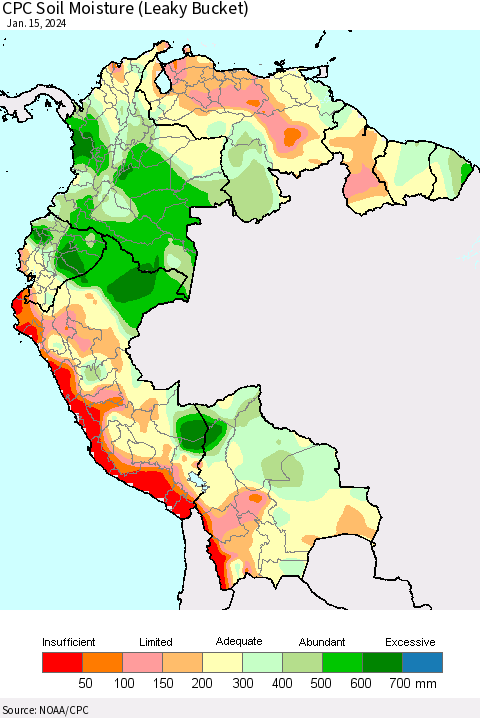 Northern South America CPC Soil Moisture (Leaky Bucket) Thematic Map For 1/11/2024 - 1/15/2024