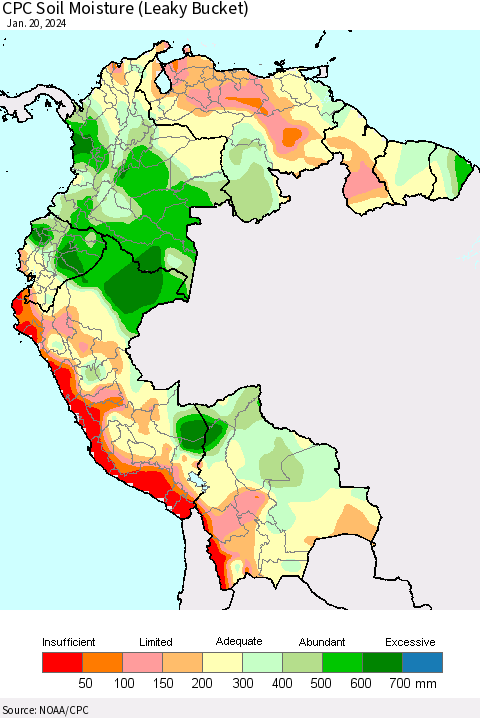 Northern South America CPC Soil Moisture (Leaky Bucket) Thematic Map For 1/16/2024 - 1/20/2024
