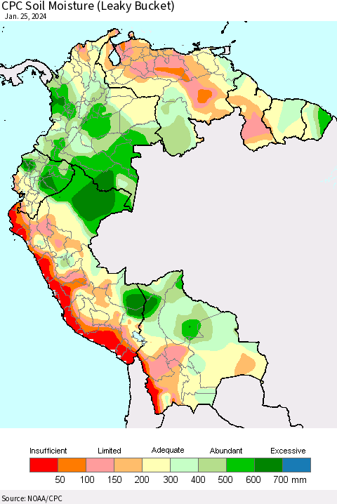 Northern South America CPC Soil Moisture (Leaky Bucket) Thematic Map For 1/21/2024 - 1/25/2024