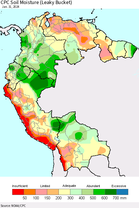 Northern South America CPC Soil Moisture (Leaky Bucket) Thematic Map For 1/26/2024 - 1/31/2024