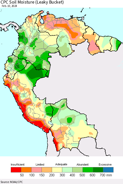 Northern South America CPC Soil Moisture (Leaky Bucket) Thematic Map For 2/6/2024 - 2/10/2024