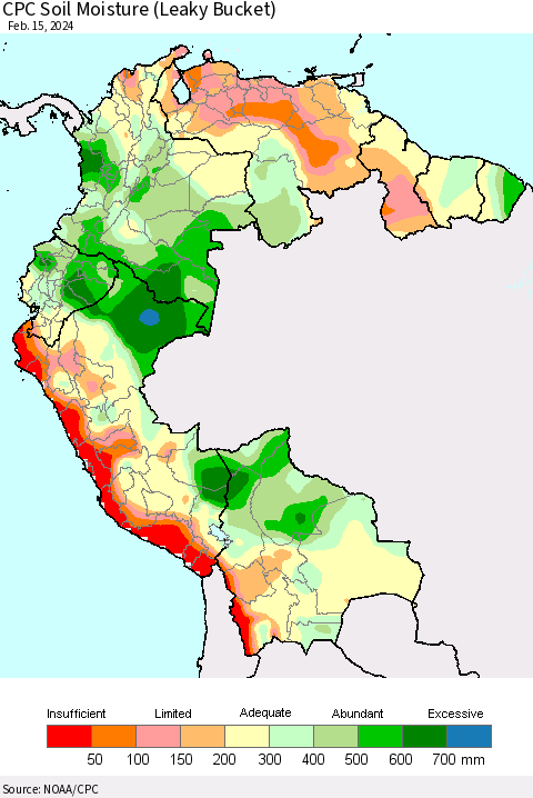 Northern South America CPC Soil Moisture (Leaky Bucket) Thematic Map For 2/11/2024 - 2/15/2024