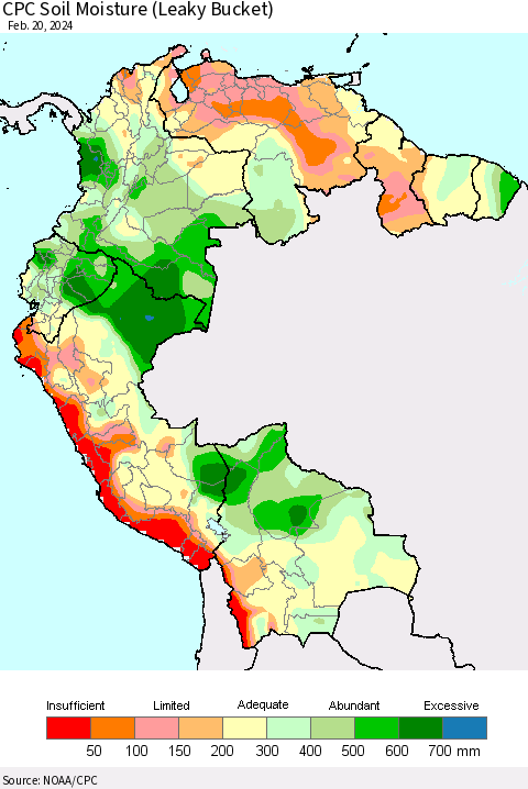 Northern South America CPC Soil Moisture (Leaky Bucket) Thematic Map For 2/16/2024 - 2/20/2024