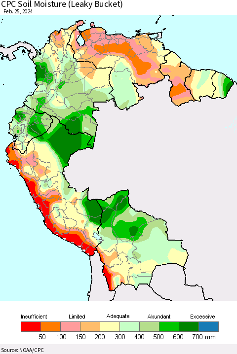 Northern South America CPC Soil Moisture (Leaky Bucket) Thematic Map For 2/21/2024 - 2/25/2024