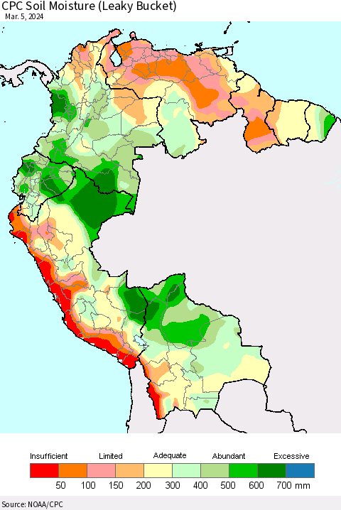 Northern South America CPC Soil Moisture (Leaky Bucket) Thematic Map For 3/1/2024 - 3/5/2024