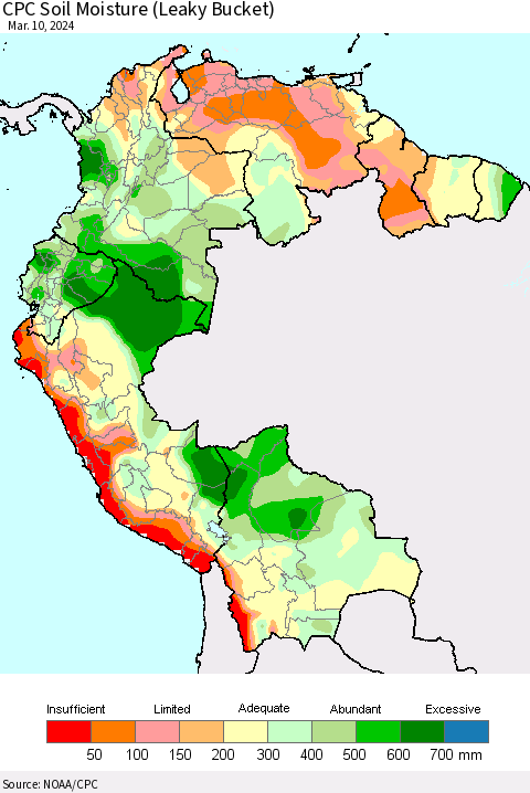 Northern South America CPC Soil Moisture (Leaky Bucket) Thematic Map For 3/6/2024 - 3/10/2024