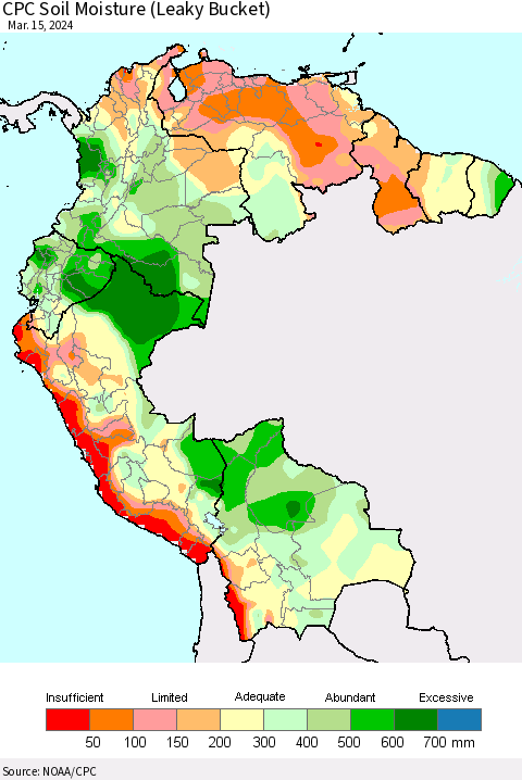 Northern South America CPC Soil Moisture (Leaky Bucket) Thematic Map For 3/11/2024 - 3/15/2024