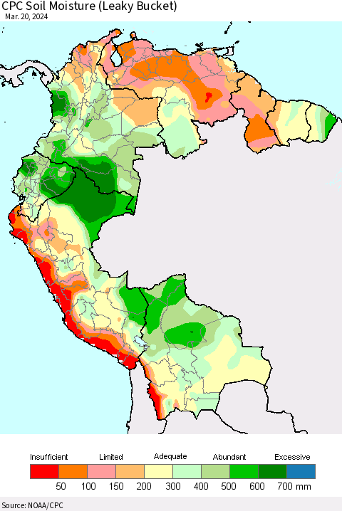Northern South America CPC Soil Moisture (Leaky Bucket) Thematic Map For 3/16/2024 - 3/20/2024