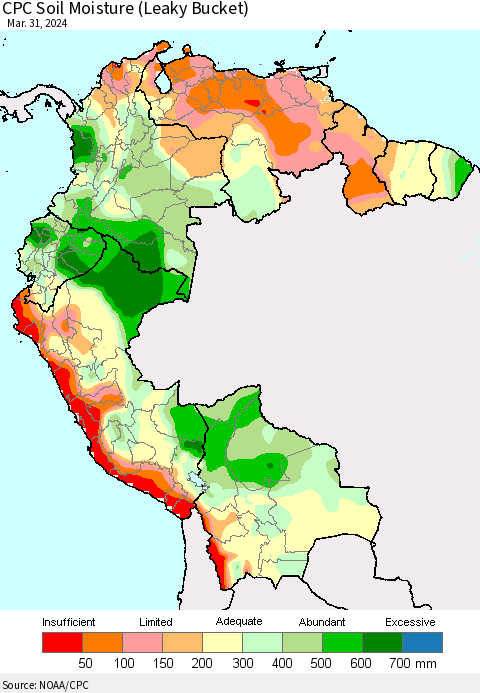 Northern South America CPC Soil Moisture (Leaky Bucket) Thematic Map For 3/26/2024 - 3/31/2024