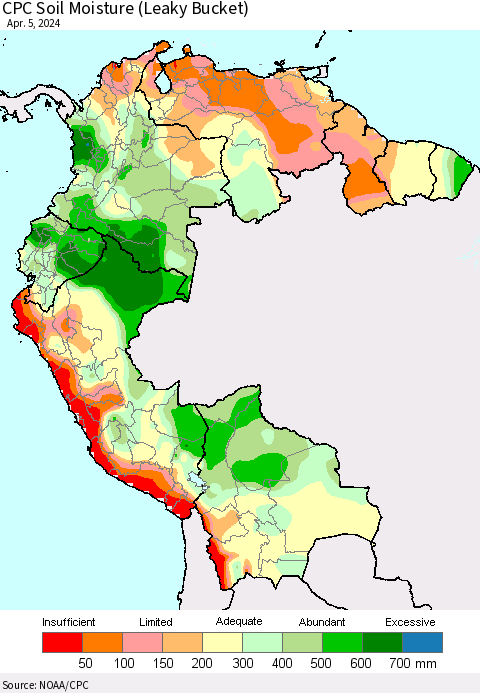 Northern South America CPC Soil Moisture (Leaky Bucket) Thematic Map For 4/1/2024 - 4/5/2024
