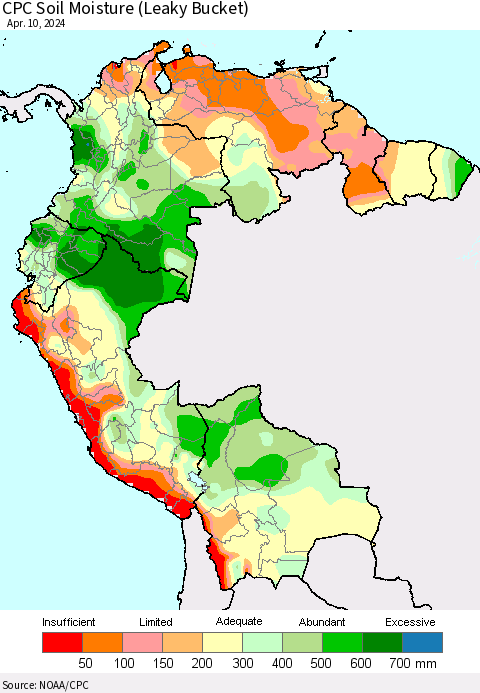 Northern South America CPC Soil Moisture (Leaky Bucket) Thematic Map For 4/6/2024 - 4/10/2024