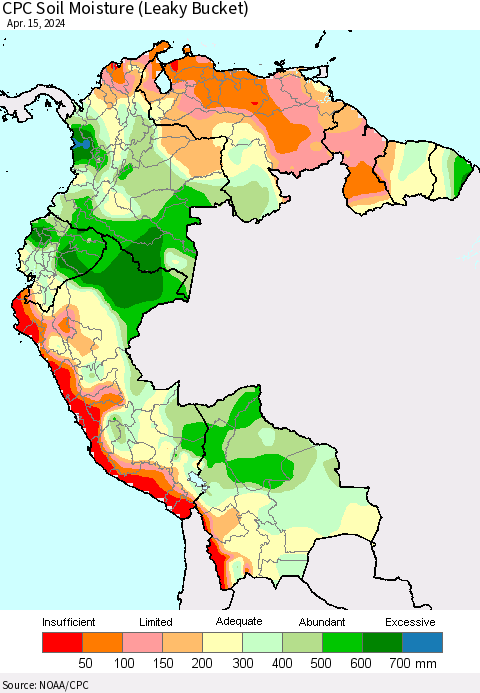 Northern South America CPC Soil Moisture (Leaky Bucket) Thematic Map For 4/11/2024 - 4/15/2024