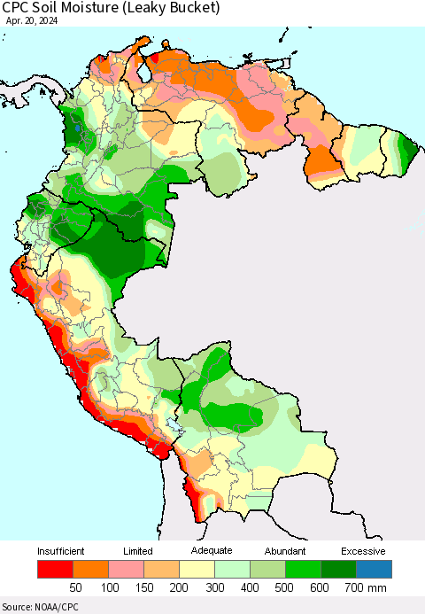 Northern South America CPC Soil Moisture (Leaky Bucket) Thematic Map For 4/16/2024 - 4/20/2024