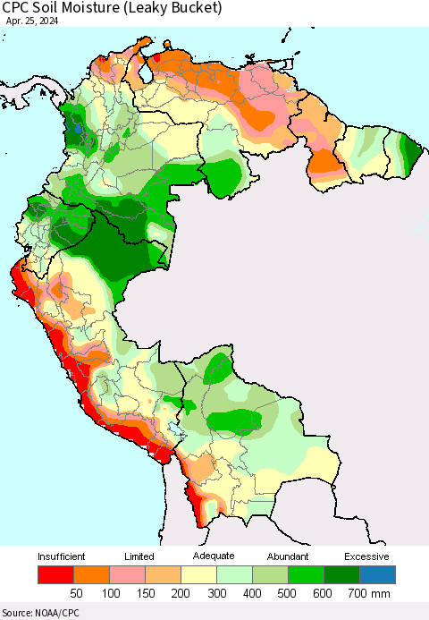 Northern South America CPC Soil Moisture (Leaky Bucket) Thematic Map For 4/21/2024 - 4/25/2024