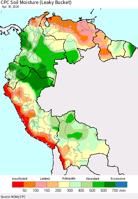 Northern South America CPC Soil Moisture (Leaky Bucket) Thematic Map For 4/26/2024 - 4/30/2024
