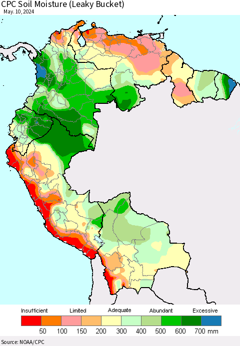 Northern South America CPC Soil Moisture (Leaky Bucket) Thematic Map For 5/6/2024 - 5/10/2024