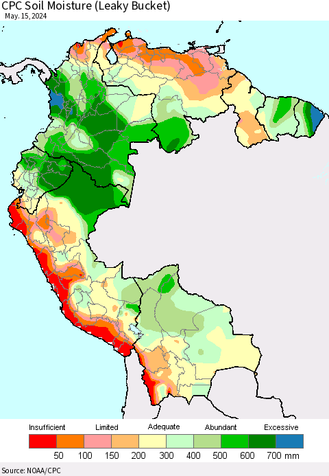 Northern South America CPC Soil Moisture (Leaky Bucket) Thematic Map For 5/11/2024 - 5/15/2024