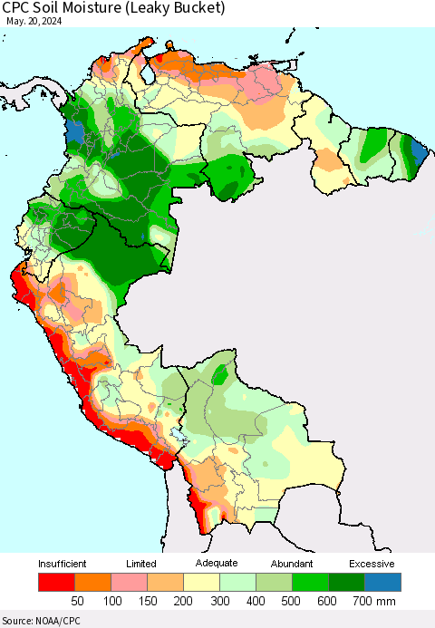 Northern South America CPC Soil Moisture (Leaky Bucket) Thematic Map For 5/16/2024 - 5/20/2024