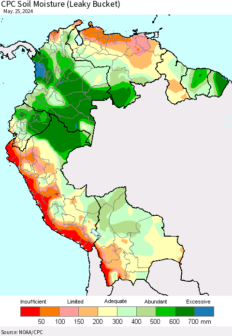 Northern South America CPC Soil Moisture (Leaky Bucket) Thematic Map For 5/21/2024 - 5/25/2024