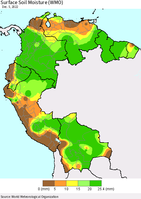 Northern South America Surface Soil Moisture (WMO) Thematic Map For 12/1/2022 - 12/5/2022