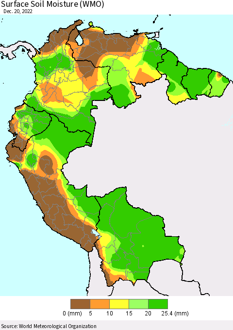 Northern South America Surface Soil Moisture (WMO) Thematic Map For 12/16/2022 - 12/20/2022