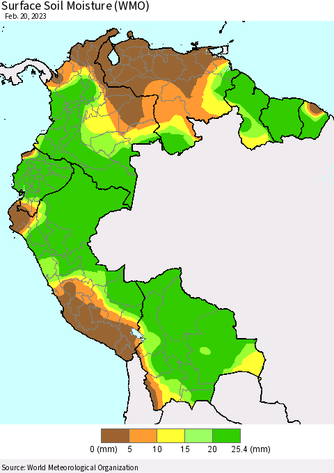 Northern South America Surface Soil Moisture (WMO) Thematic Map For 2/16/2023 - 2/20/2023