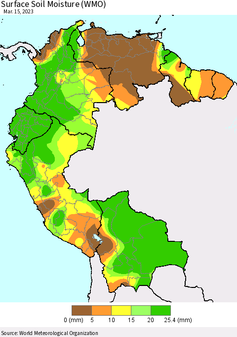 Northern South America Surface Soil Moisture (WMO) Thematic Map For 3/11/2023 - 3/15/2023