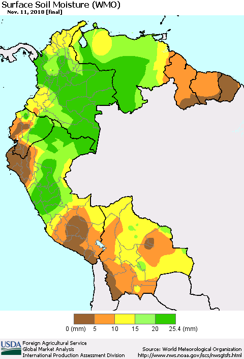 Northern South America Surface Soil Moisture (WMO) Thematic Map For 11/5/2018 - 11/11/2018