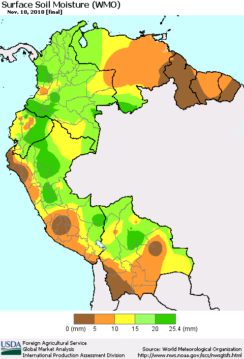 Northern South America Surface Soil Moisture (WMO) Thematic Map For 11/12/2018 - 11/18/2018