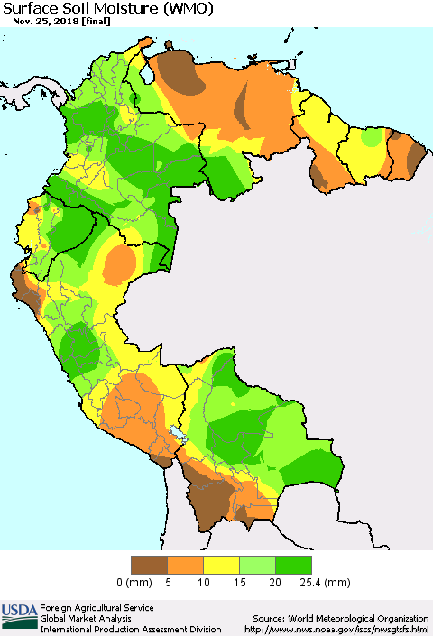 Northern South America Surface Soil Moisture (WMO) Thematic Map For 11/19/2018 - 11/25/2018