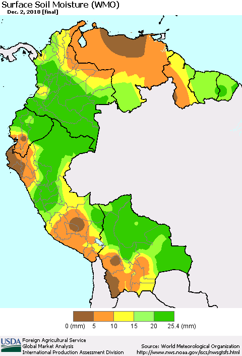 Northern South America Surface Soil Moisture (WMO) Thematic Map For 11/26/2018 - 12/2/2018