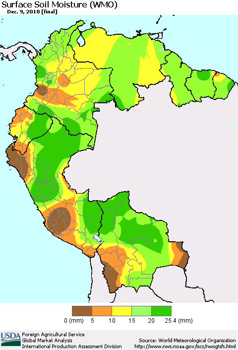 Northern South America Surface Soil Moisture (WMO) Thematic Map For 12/3/2018 - 12/9/2018