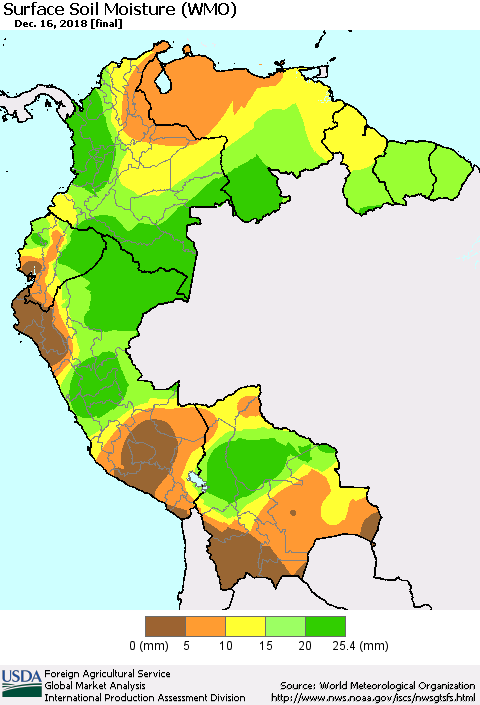 Northern South America Surface Soil Moisture (WMO) Thematic Map For 12/10/2018 - 12/16/2018