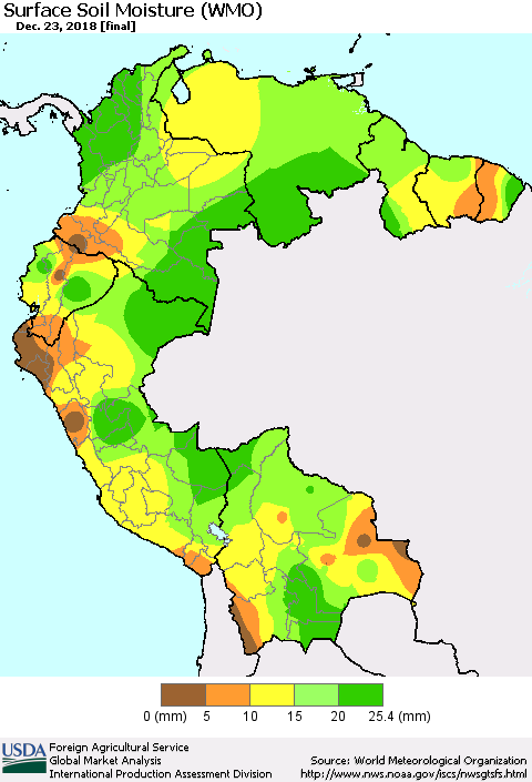Northern South America Surface Soil Moisture (WMO) Thematic Map For 12/17/2018 - 12/23/2018