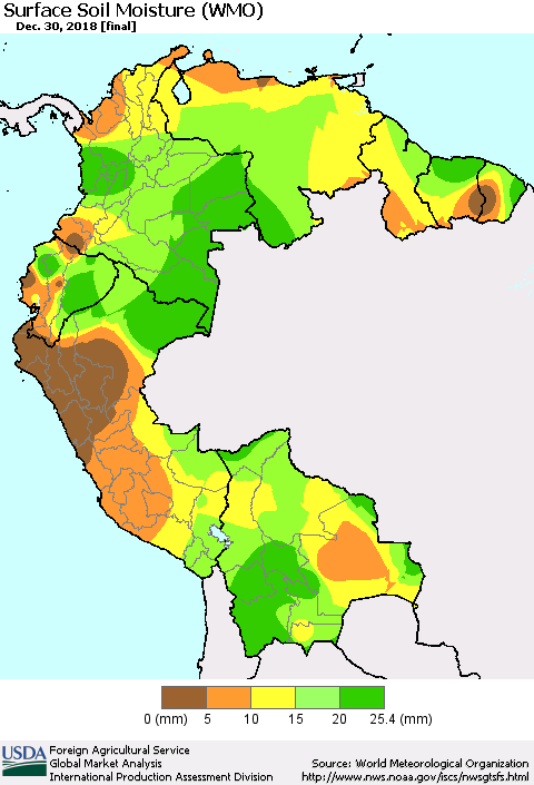 Northern South America Surface Soil Moisture (WMO) Thematic Map For 12/24/2018 - 12/30/2018