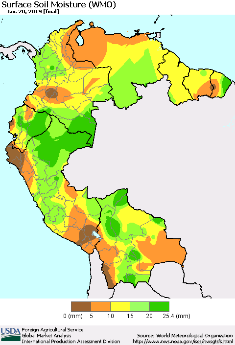 Northern South America Surface Soil Moisture (WMO) Thematic Map For 1/14/2019 - 1/20/2019