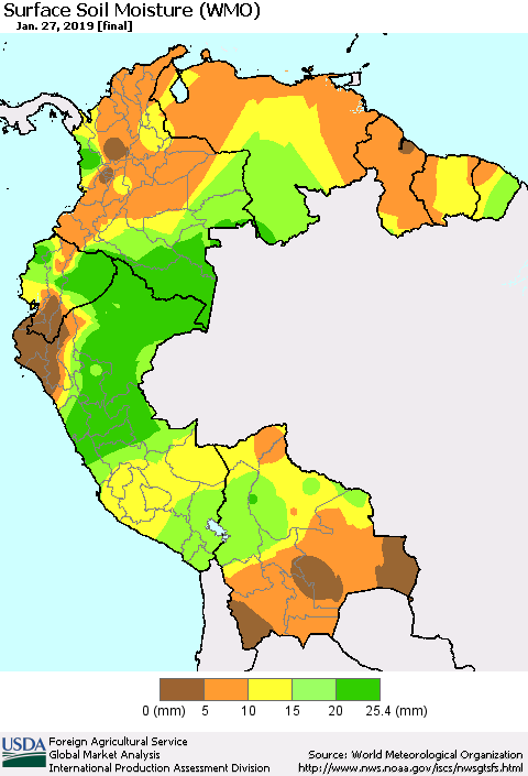 Northern South America Surface Soil Moisture (WMO) Thematic Map For 1/21/2019 - 1/27/2019