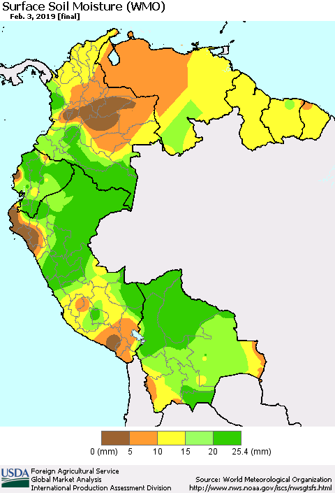 Northern South America Surface Soil Moisture (WMO) Thematic Map For 1/28/2019 - 2/3/2019